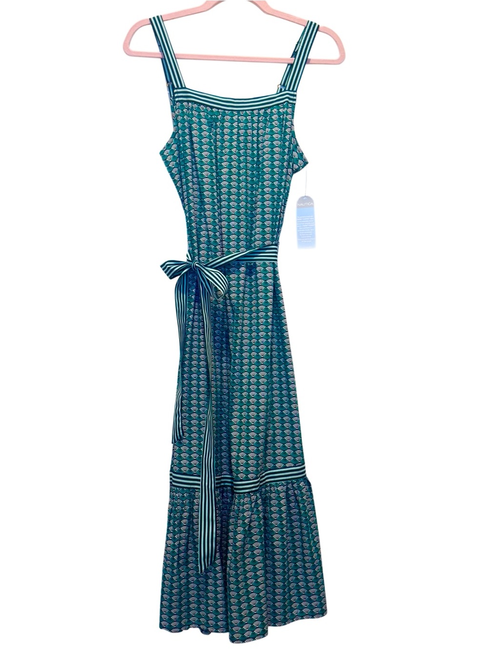 NWT Nautica Retro Floral Print Midi Dress, Green Navy & White Sleeveless Size S